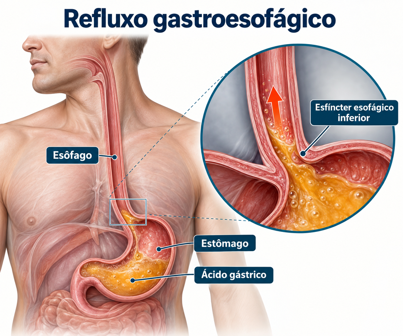 Ilustração educativa mostrando o esôfago, o estômago e o refluxo gastroesofágico