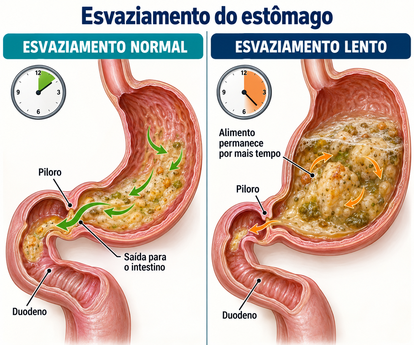 Ilustração educativa comparando o esvaziamento normal e lento do estômago