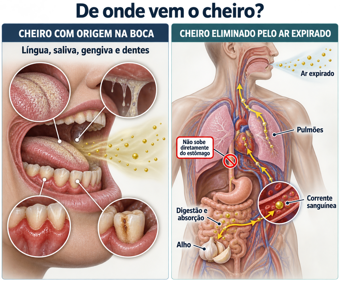Ilustração educativa comparando fatores bucais e compostos eliminados pelo ar expirado